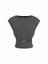 Cotton-blend Boat Neck Striped Metal Detail Short Sleeve Top