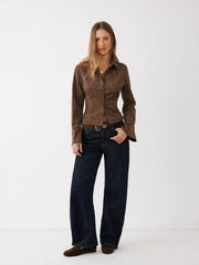 Suede Collar Pleated Bell Sleeve Blouse