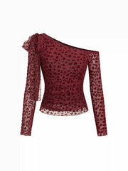 Mesh Flocking Heart Asymmetrical Neck Long Sleeve Top
