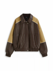 Faux Leather Collar ColorBlock Oversized Jacket