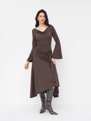 Cowl Neck Bell Sleeve O-Ring Ruched Ruffle Hem Midi Dress