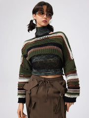 U-neckline Stripe Hollow Out Knitted Long Sleeve Crop Shrug