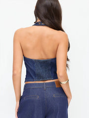 Washed Denim Halter Neck Cut Out Criss Cross Button Shirred Top