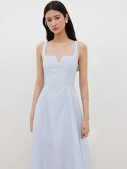 Square Neck Stripe Ruffle Hem Midi Dress