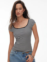 Striped Square Neck Cut Out Backless Short Sleeve Tee