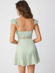 Satin Sweetheart Lace Panel Ruffle High Rise A-line Mini Dress