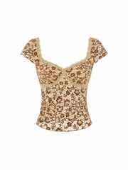 Jacquard Floral Lace Sweetheart Neck Ruffle Sleeve Top