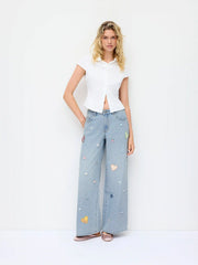 Denim Low Rise Heart & Star Graphic Applique Wide Leg Jeans