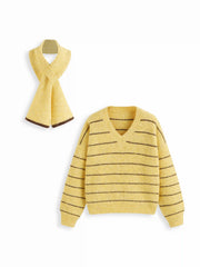 Knit Wool-blend V-neck Striped Oversized Top With Scarf