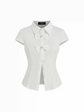 Cotton-blend Short Sleeve Pearl Detail Bowknot Blouse