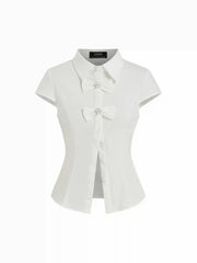 Cotton-blend Short Sleeve Pearl Detail Bowknot Blouse