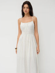 Linen-blend Square Neck Stripe Shirred Midi Dress
