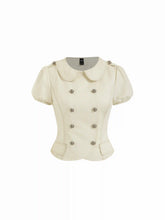 Cotton-blend Peter Pan Collar Contrast Stitching Puff Sleeve Blouse