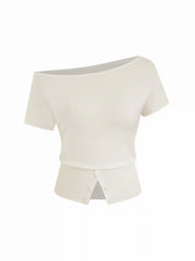 Knit Wool-blend Off-shoulder Short Sleeve Oversized Top