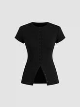 Cotton-blend Round Neckline Solid Button Short Sleeve Top