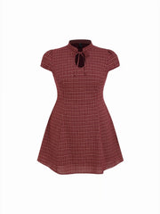 Cotton-blend Mandarin Collar Tartan Cut Out Bowknot Puff Sleeve Mini Dress Curve & Plus