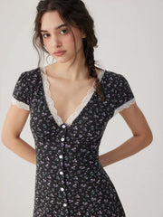 Ditsy Floral V-neck Lace Trim High Rise A-line Mini Dress