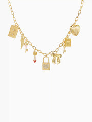 LOCK & KEY & HEART & BOW & FEATHER CHAIN NECKLACE