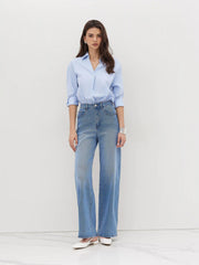 Cotton-blend Collar Roll-up Sleeve Shirt Bodysuit