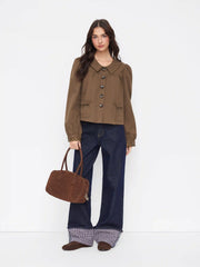 Cotton-blend Collar Puff Sleeve Bowknot Oversized Blouse