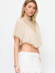 Chiffon Floral Lace Stand Collar Cloak Sleeve Oversized Blouse