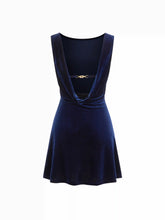 Velvet Boat Neck Ruched Backless Metal Detail Mini Dress