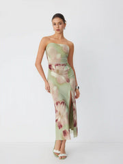 Mesh Floral Graphic Bandeau Drawstring Mermaid Maxi Dress