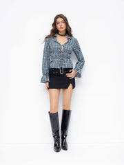 Cotton-blend V-neck Ruffle Sleeve Plaid Tie Front Shirred Blouse