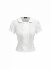 Cotton-blend Textured Puff Sleeve Ruffled Short Sleeve Blouse