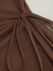 Boat Neck Wrap Ruched Knotted Bell Sleeve Mini Dress