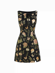 Jacquard Floral Boat Neck Cut Out Mini Dress