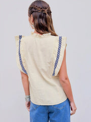 Cotton-blend Stand Collar Crochet Contrasting Binding Short Sleeve Blouse