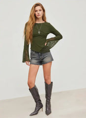 Cotton-blend Boat Neck Patched Asymmetrical Hem Long Sleeve Top
