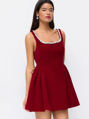 Velvet Square Neck Rhinestone Detail Pleated Mini Dress