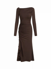 Asymmetrical Neck Long Sleeve Ruched Draped Maxi Dress