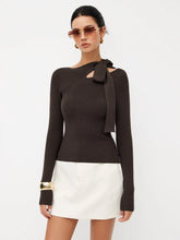 Knit Asymmetrical Neck Solid Knotted Long Sleeve Top