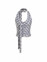 Gingham V-Neck Ruched Halter Tank Top