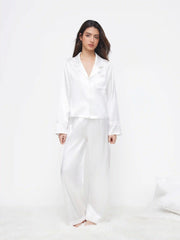 Satin Collar Lace Oversized Top & Mid Rise Straight Leg Trousers Loungewear Set