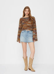 Striped Boat Neck Bell Sleeve Cropped Top