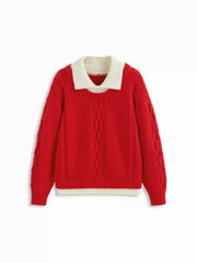 Knit Collar Two Tone Contrasting Binding Long Sleeve Top