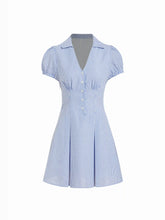 Cotton-Blend Striped Polo Neck Puff Sleeve Shirt Mini Dress