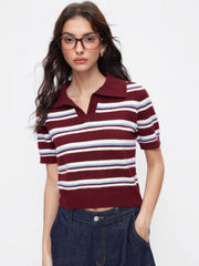Knit Collar Striped Colorblock Middle Sleeve Top