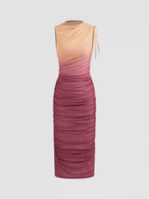Mesh Round Neckline Gradient Ruched Drawstring Maxi Dress