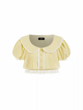 Cotton Peter Pan Collar Puff Sleeve Lace Trim Crop Blouse