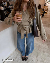 Cotton-blend Collar Long Sleeve Belted Crop Windbreaker
