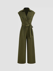 Collar Solid Pocket Wide Leg Jumpsuit With Belt