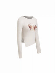 Cotton-blend Horse Graphic Asymmetrical Hem Top