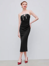 Jersey Strapless Contrasting Binding Knotted Ruched Midi Dress