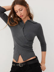 Knit Collar Cinched Waist Asymmetrical Hem Top