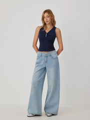 Cotton-blend V-neck Lace Trim Ruched Tank Top